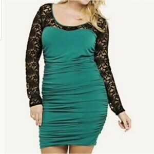 TORRID Black Lace and Teal Ruched Long Sleeve Dress Size 2